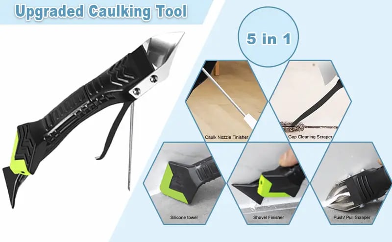 Product Introduction of Springtok Caulking Tool 5 in 1 Silicone Caulking Grout Removal Sealant Finishing Tool with Grout Scraper, 6 Exchange Silicone Pads, Adhesive Residue Scraper Seam Repair Kit for Kitchen Bathroom 10