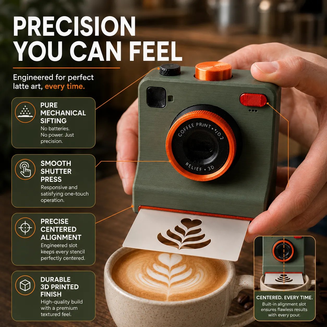 One-Touch Latte Art Camera – 3D Coffee Stencil Printer Kit for Custom Drink Designs - Green