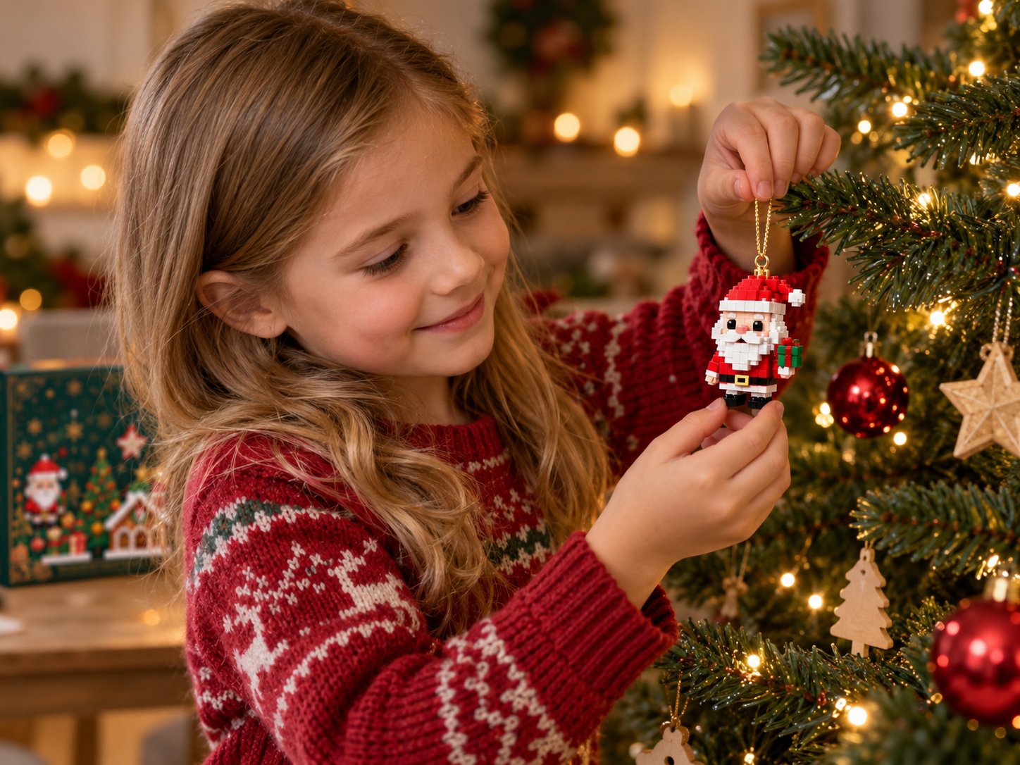 Meisje hangt een gebouwd figuurtje in de kerstboom