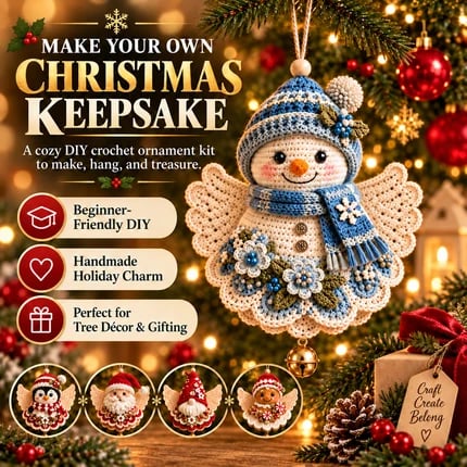 Afbeelding gegenereerd: Handgemaakte kerstversiering met sneeuwpop en engel.