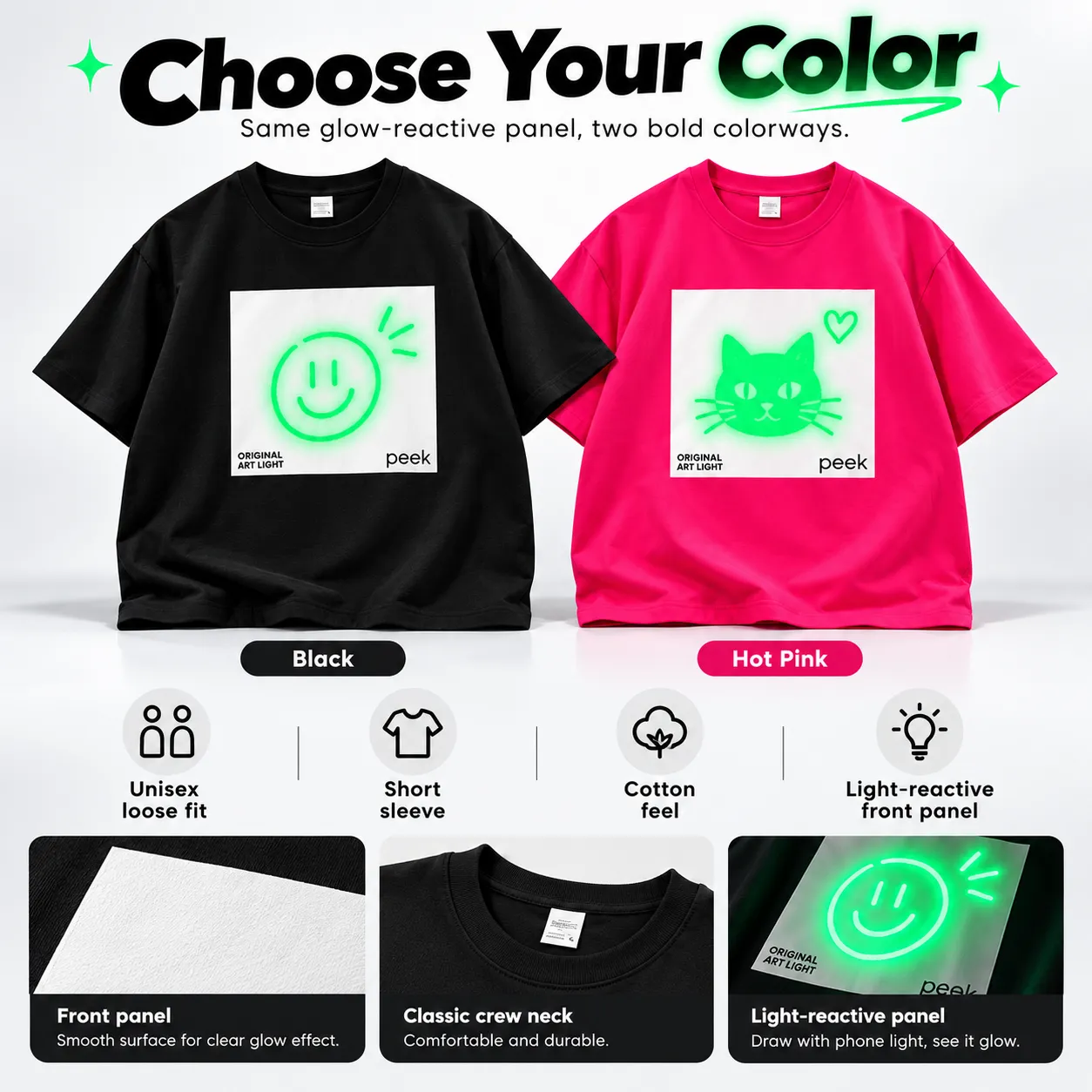 Choose Your Color - Black and Hot Pink Unisex Loose Fit Light-Reactive Cotton Tee