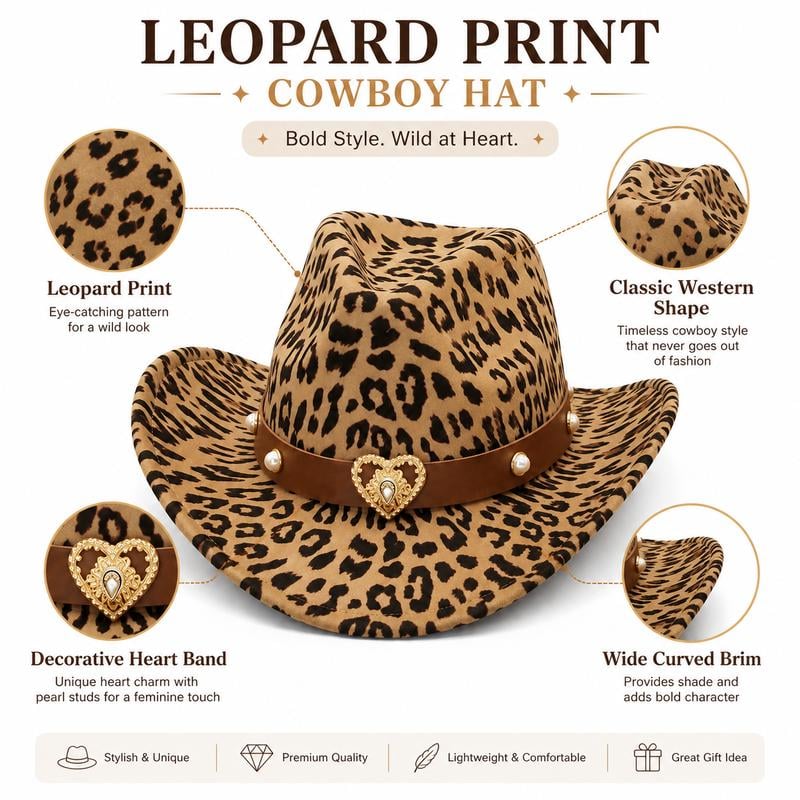 Leopard print cowboy hat with heart band