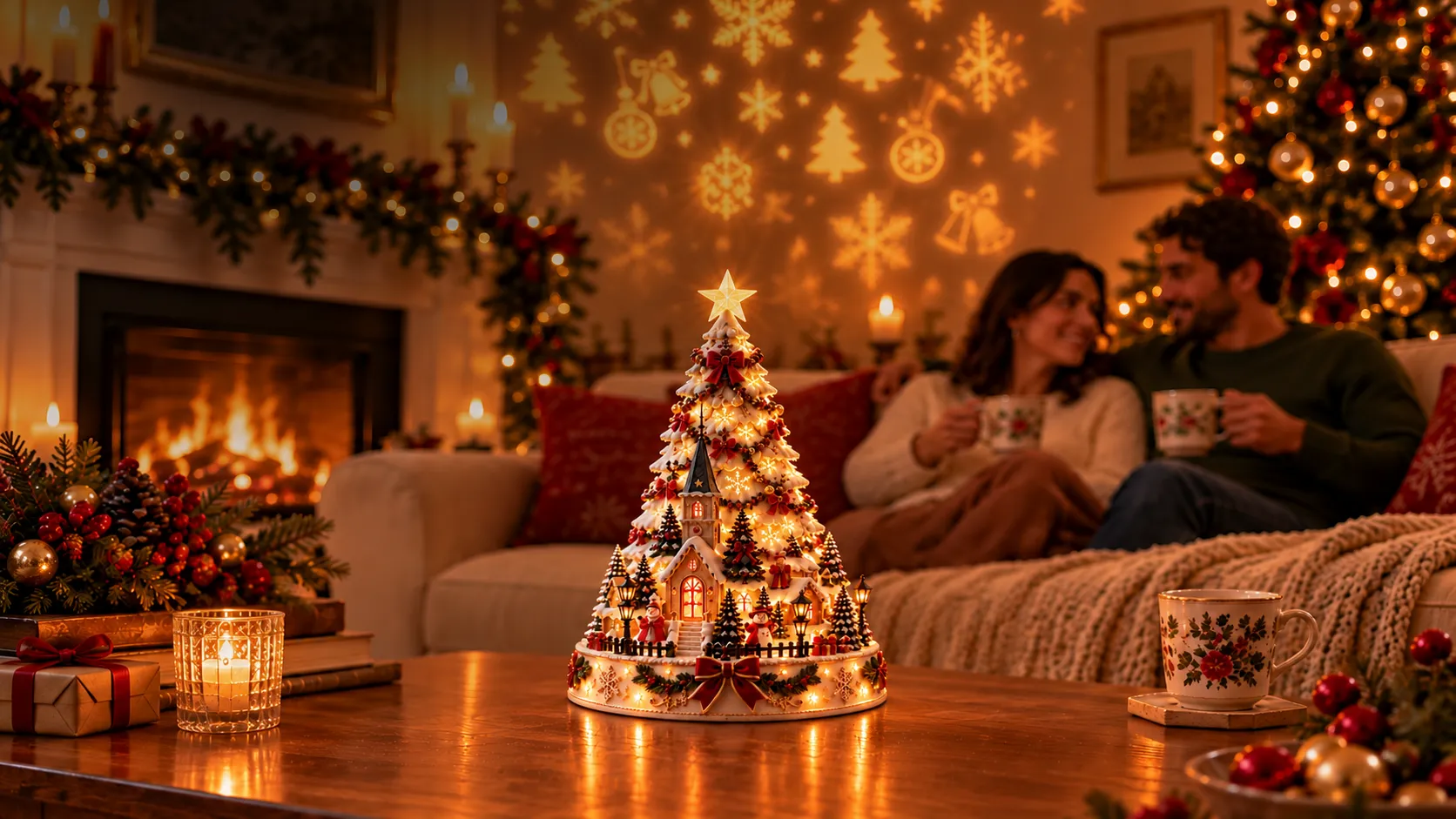 Christmas village decoration displayed on a console