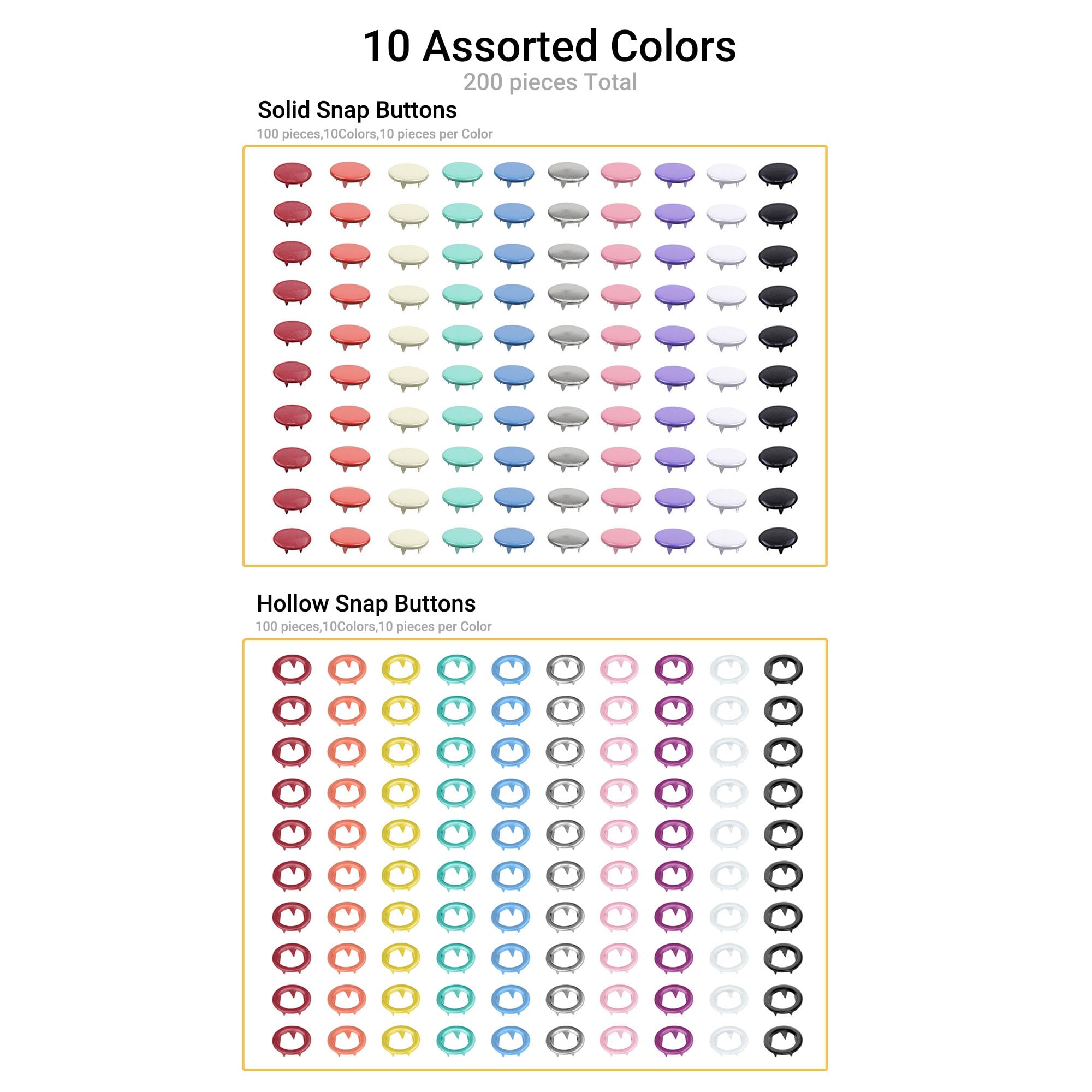 10 Assorted Colors Snap Buttons Grid