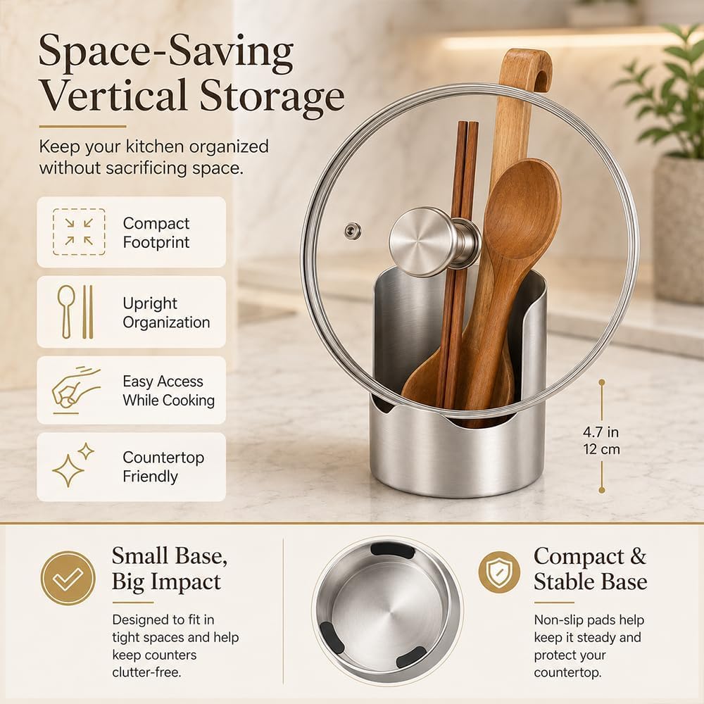 Space-saving vertical kitchen utensil organizer with compact non-slip base
