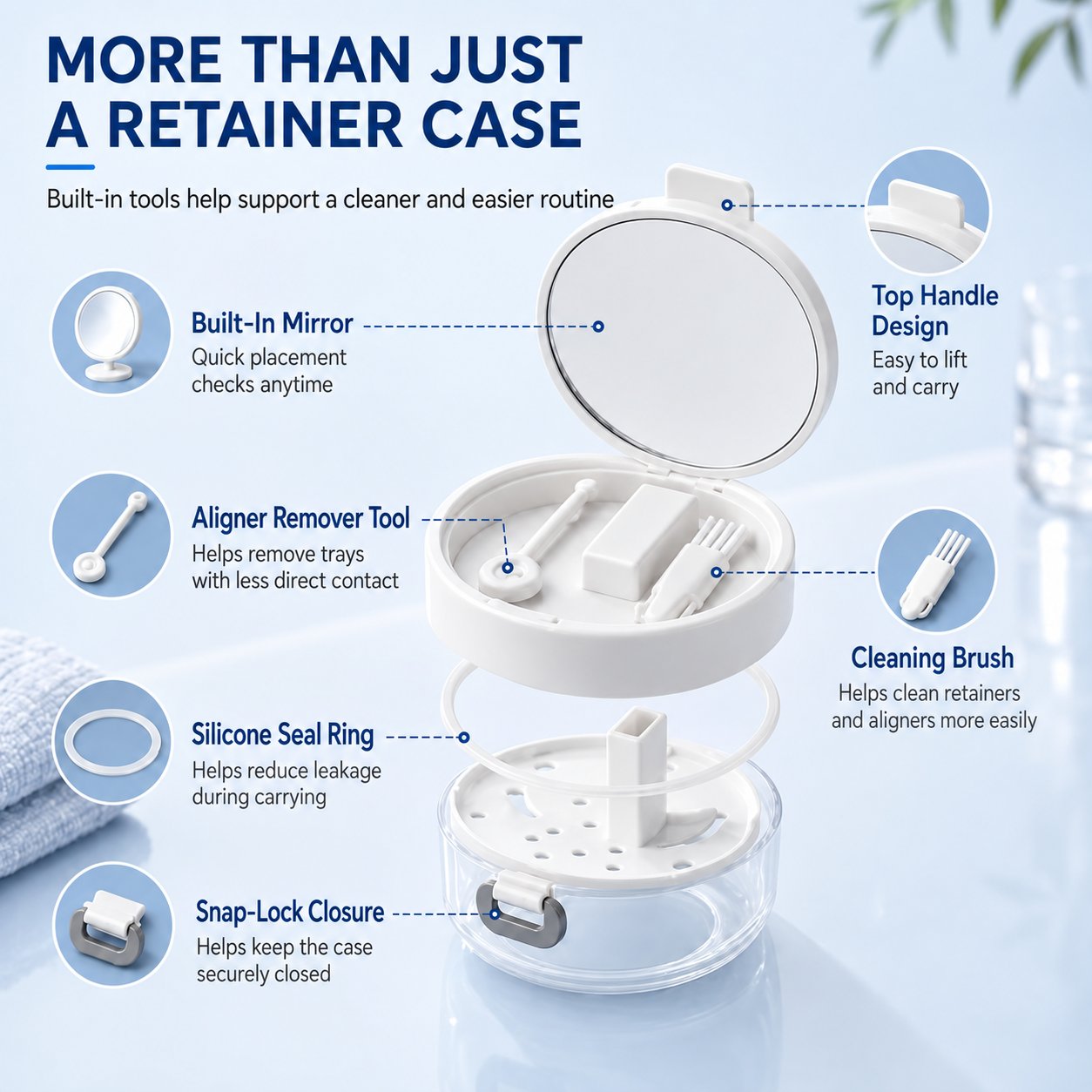 Retainer case details including built-in mirror, handle, remover tool, brush, seal ring and snap lock