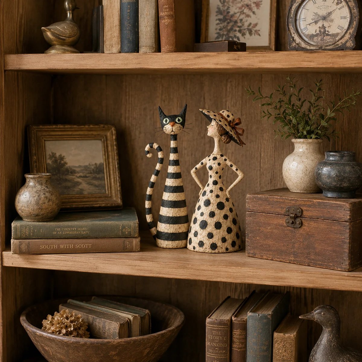 Vintage Cat Lady bookshelf decor