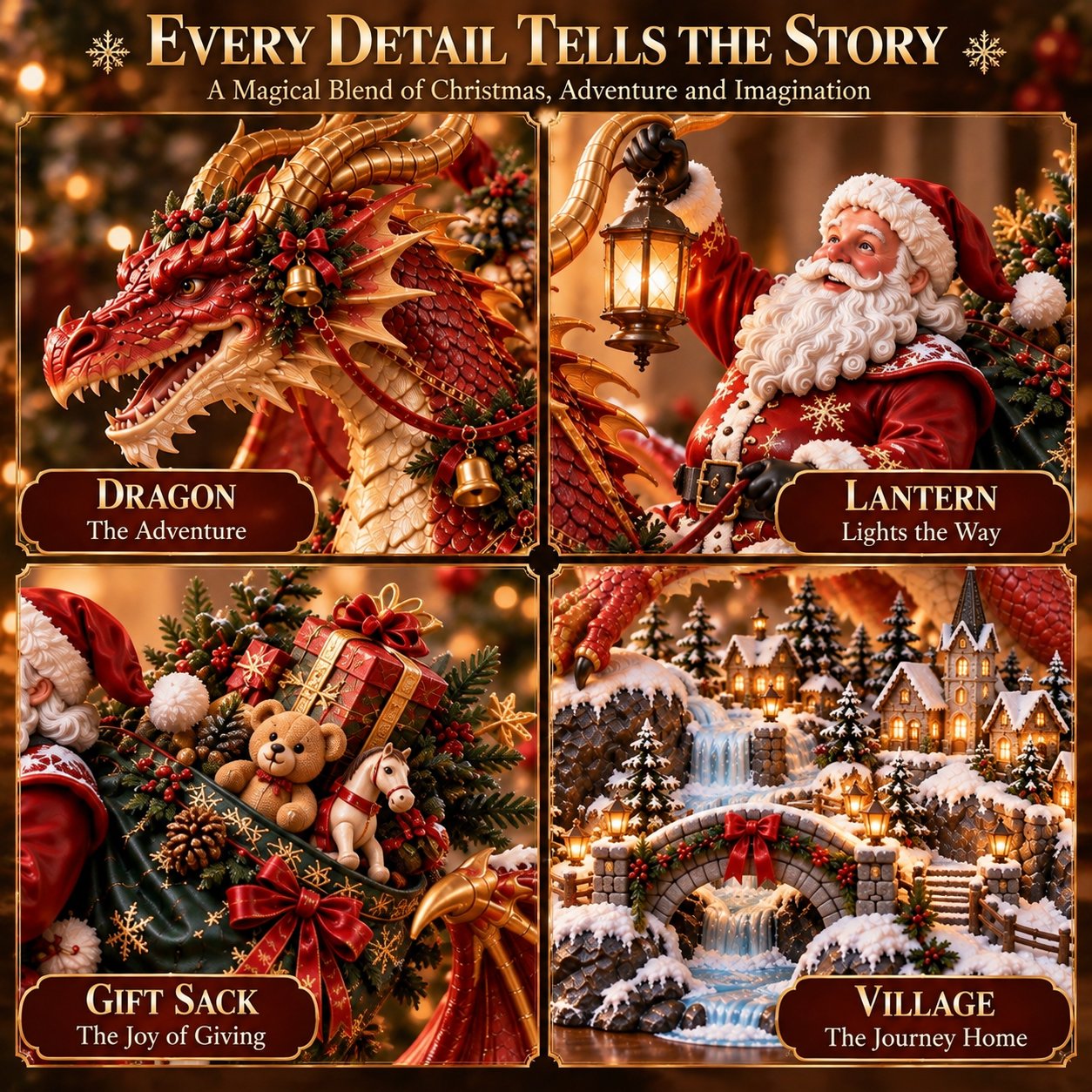 Santa riding a detailed Christmas dragon above a snowy village