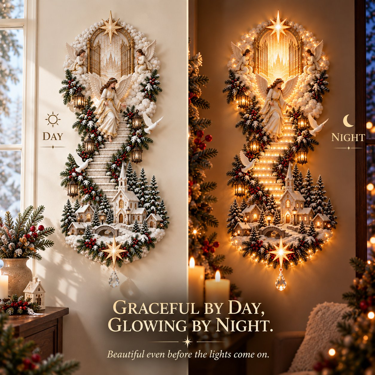 Angel Christmas Stairway Wall Hanging day and night