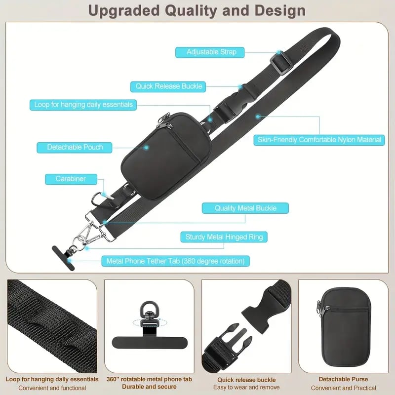 black stylish mobile phone lanyard with zipper pocket with   adjustable nylon mobile phone strap clip pocket lightweight everyday bag for men and women Product details 2