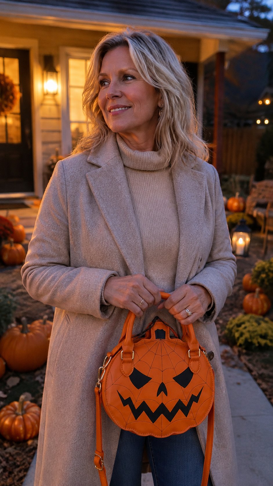 Customer holding the orange pumpkin handbag outdoors in an autumn Halloween setting