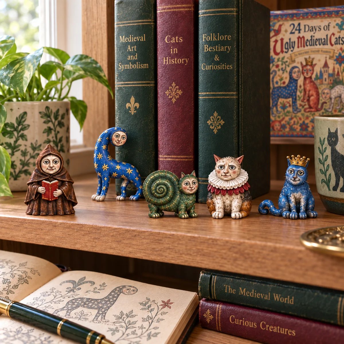 Medieval cat figurines displayed together on a bookshelf