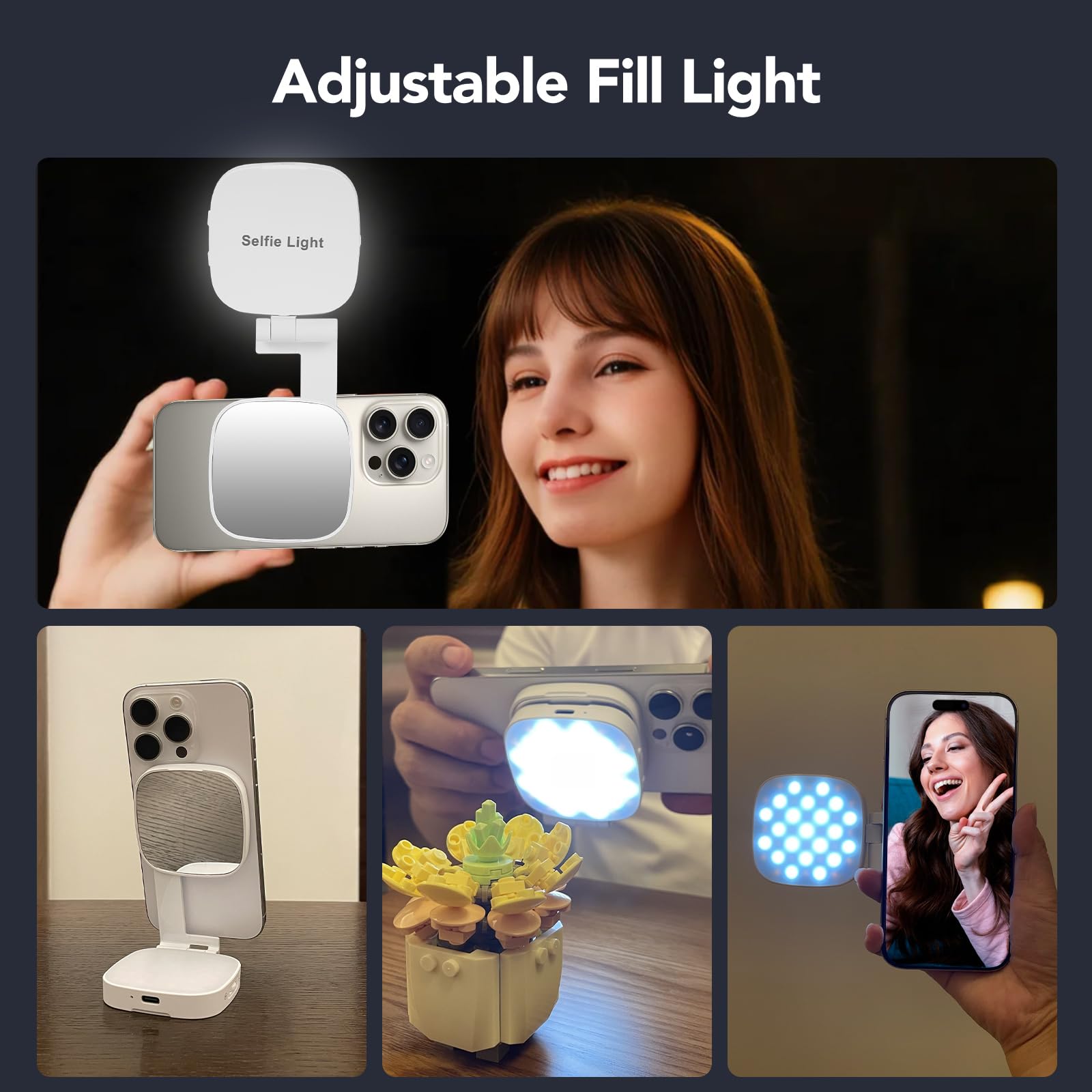 Adjustable pocket fill light used for selfies, video calls and close-up product photos