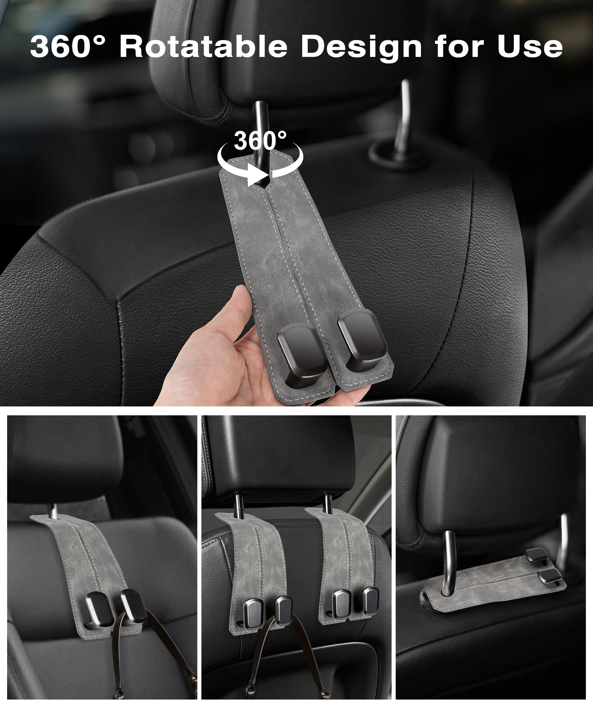 360 degree rotating leather car seat headrest hooks for bags and accessories