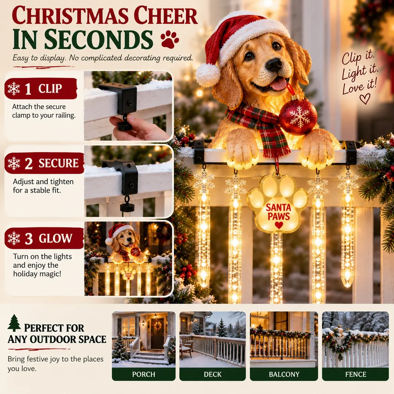 Santa Paws Christmas railing decoration installation