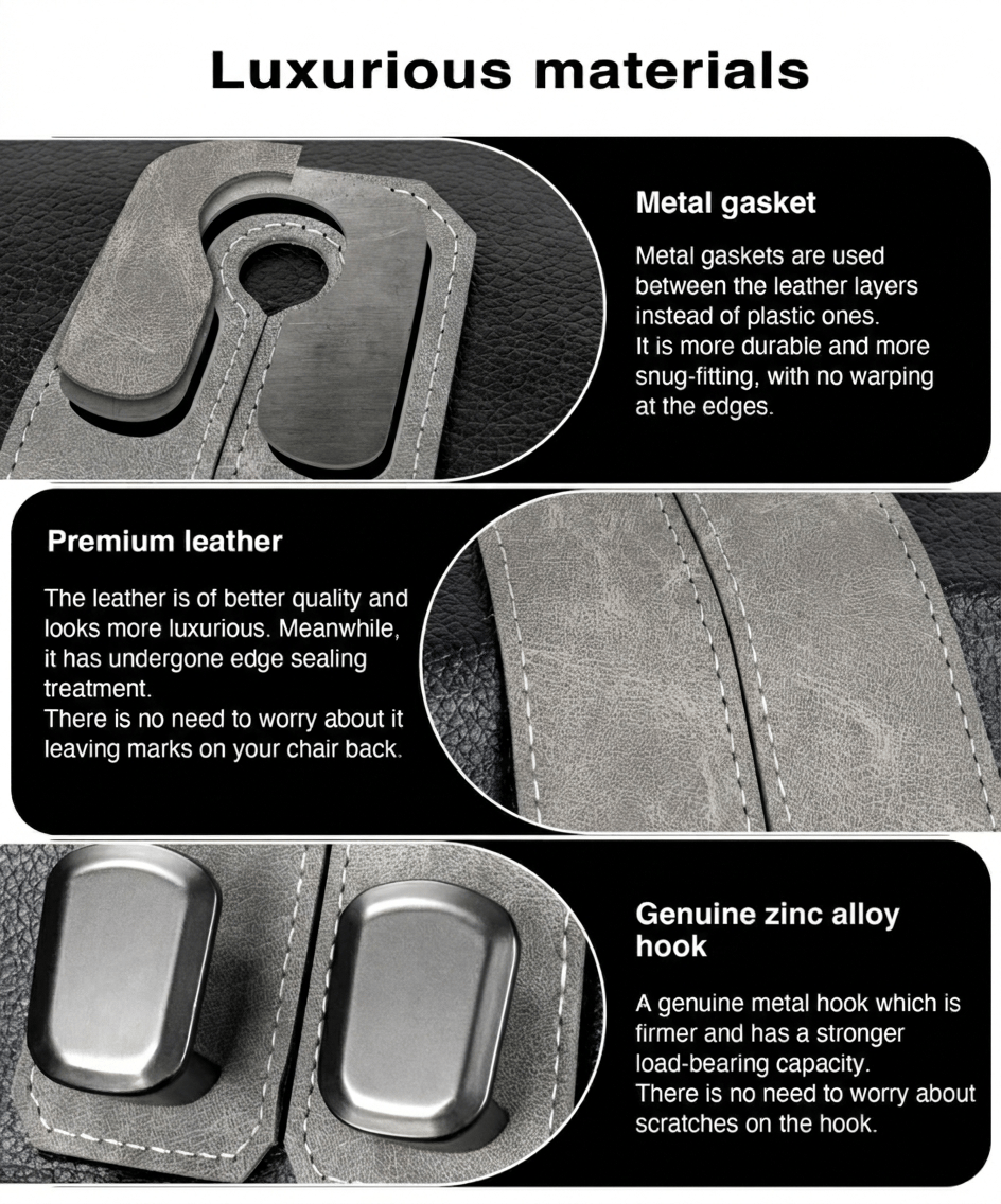 Premium leather car headrest hook with metal gasket and zinc alloy hooks
