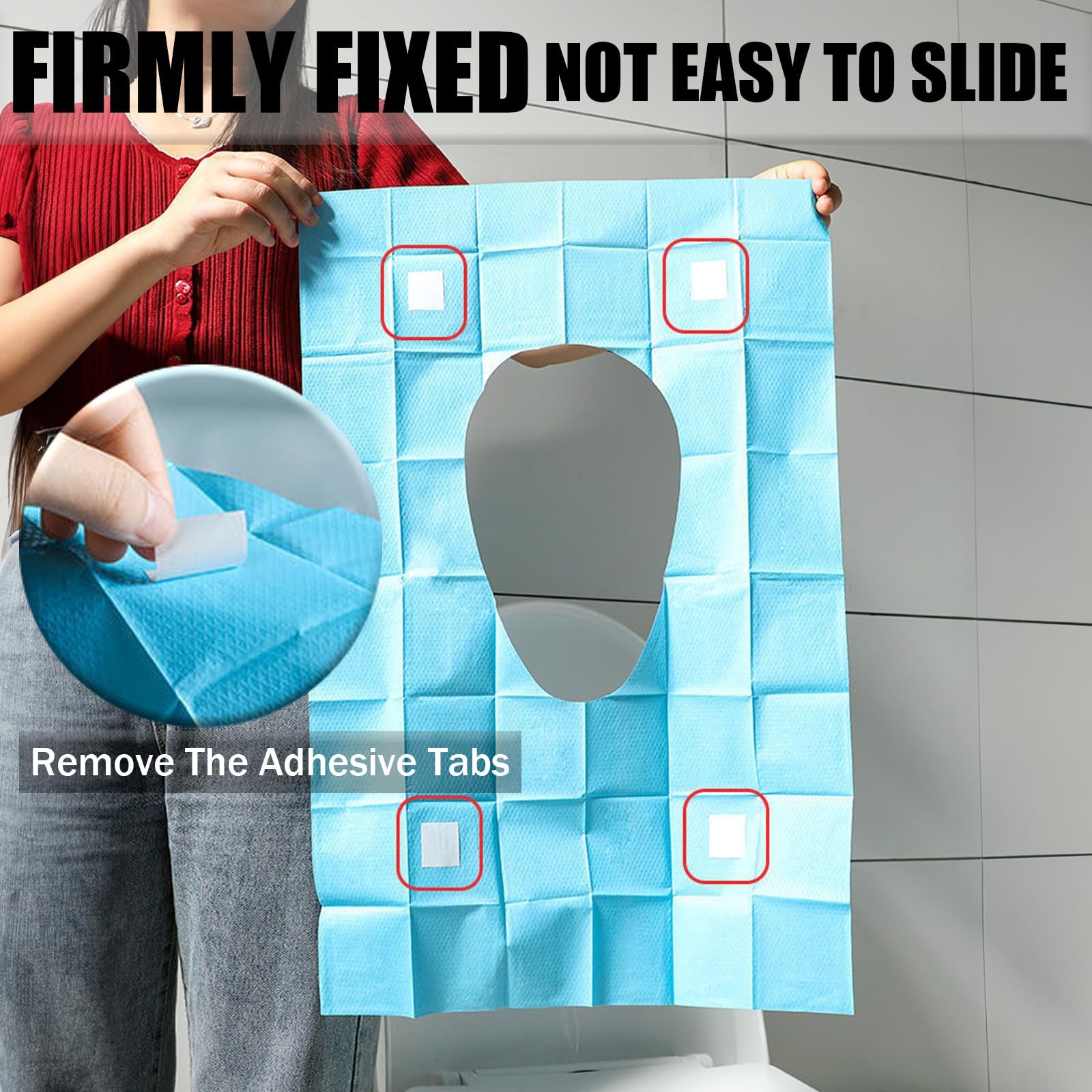 Toilet seat cover adhesive tabs installation