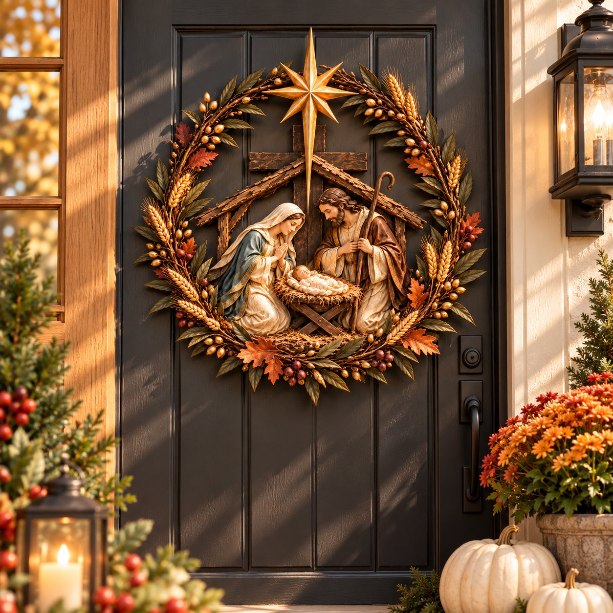 Nativity wreath on dark front door