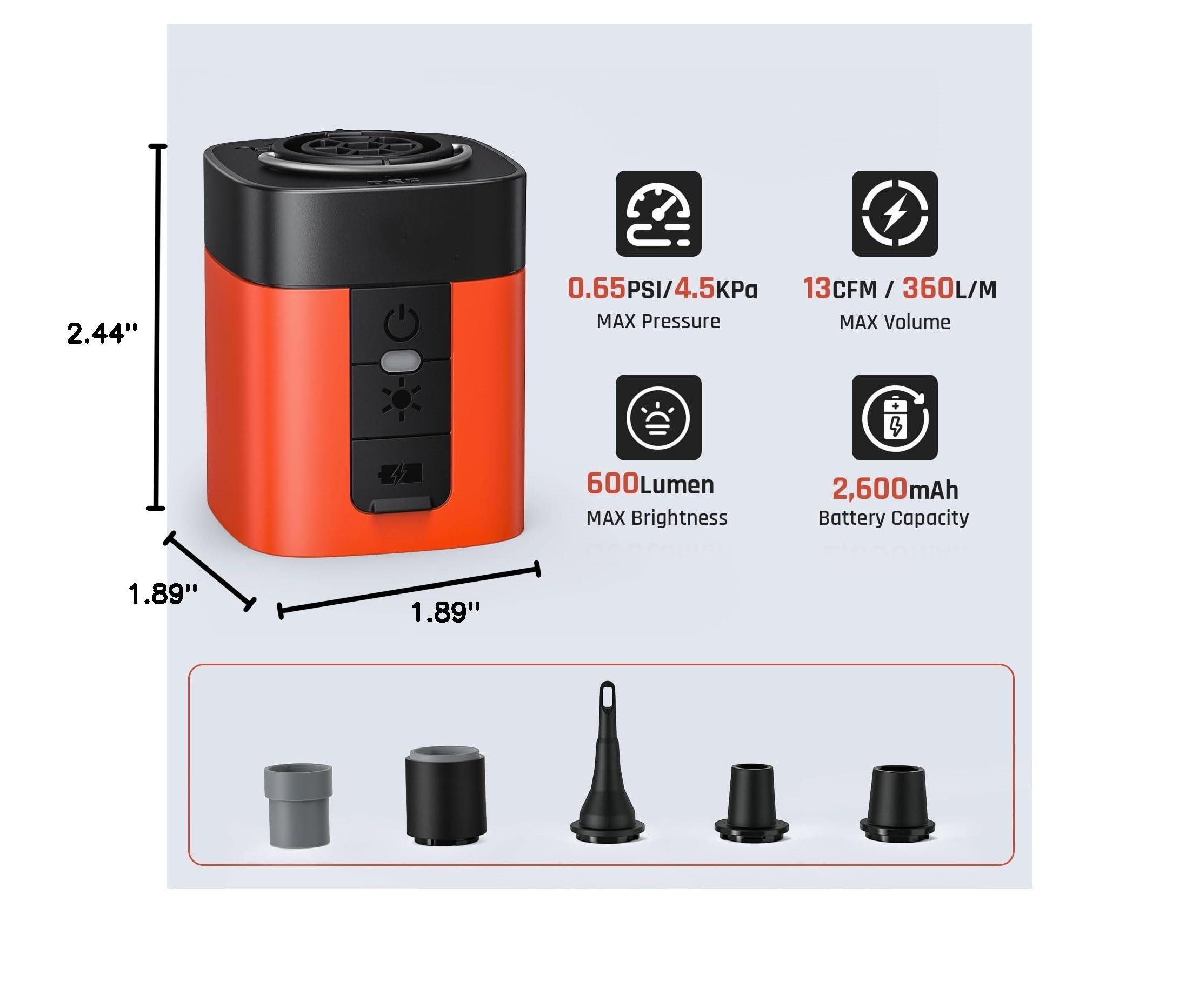 Compact size measurements 1.89 inches by 2.44 inches with key specification highlights