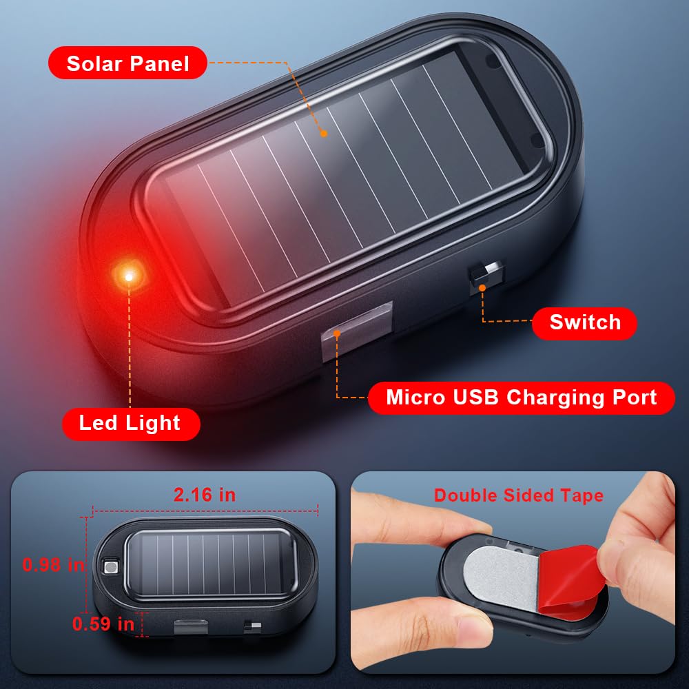 Compact solar alarm light dimensions controls charging port and double-sided adhesive