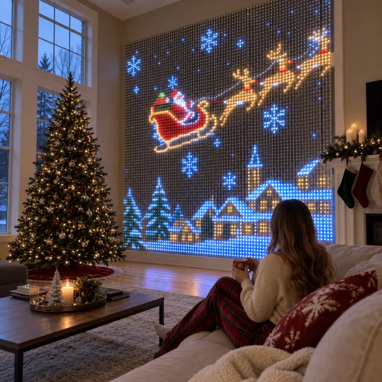 Animated Santa and reindeer light curtain displayed beside a Christmas tree