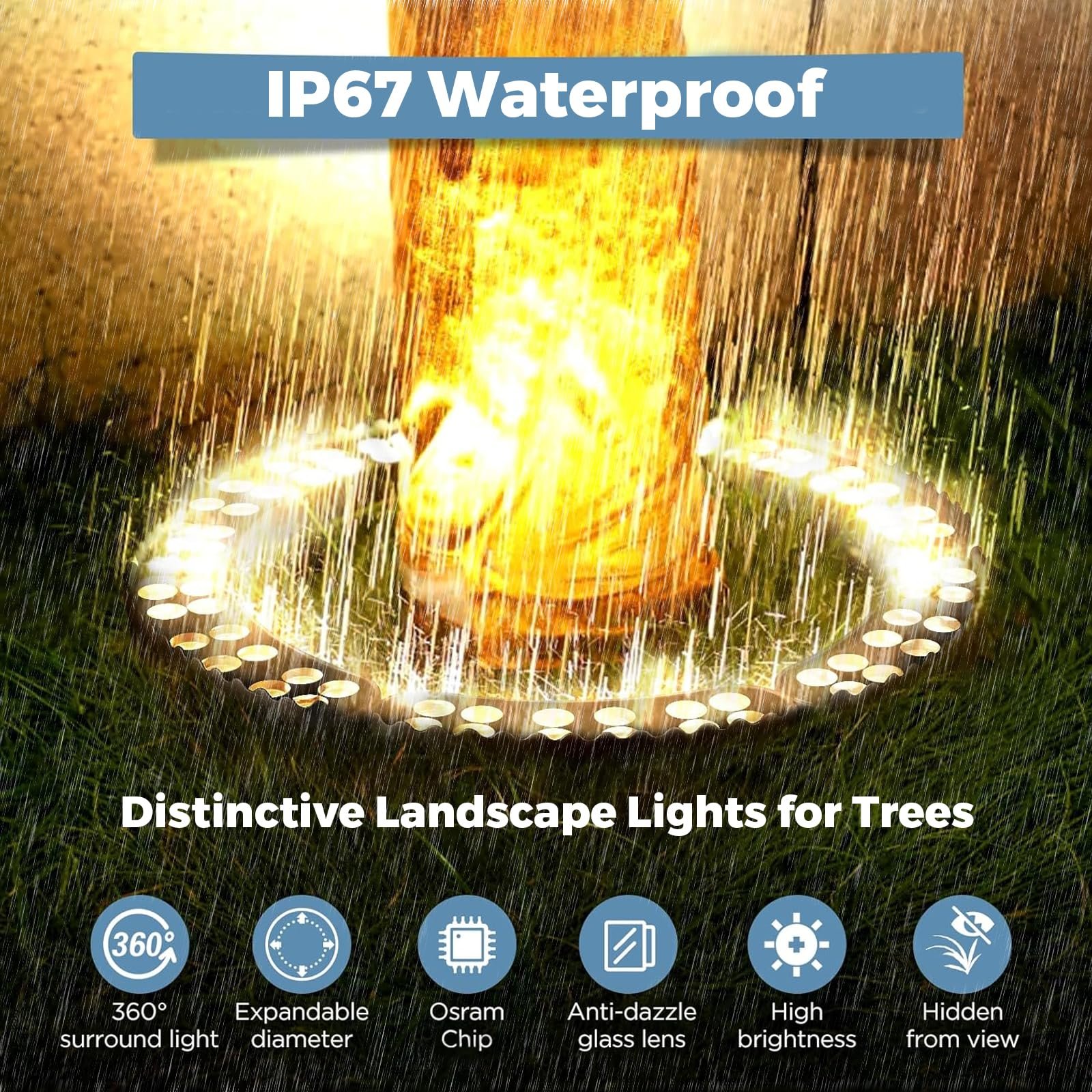 Ring tree light still glowing in heavy rain, showing its sealed waterproof construction
