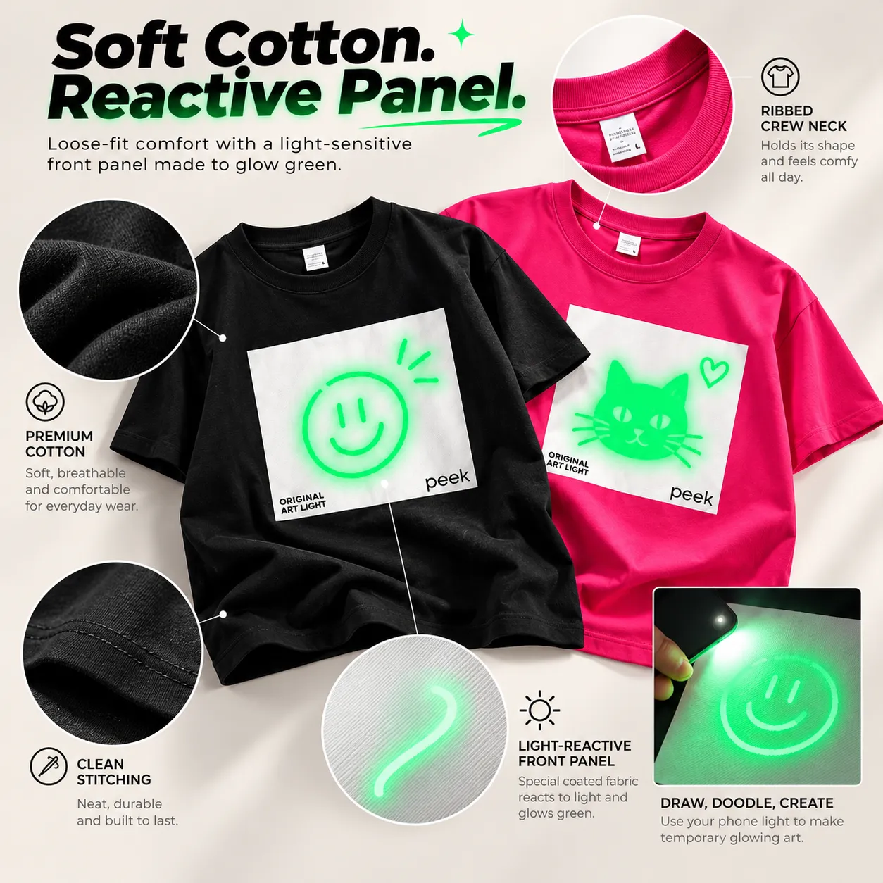 Soft Cotton Reactive Panel - Ribbed Crew Neck, Premium Cotton, Clean Stitching