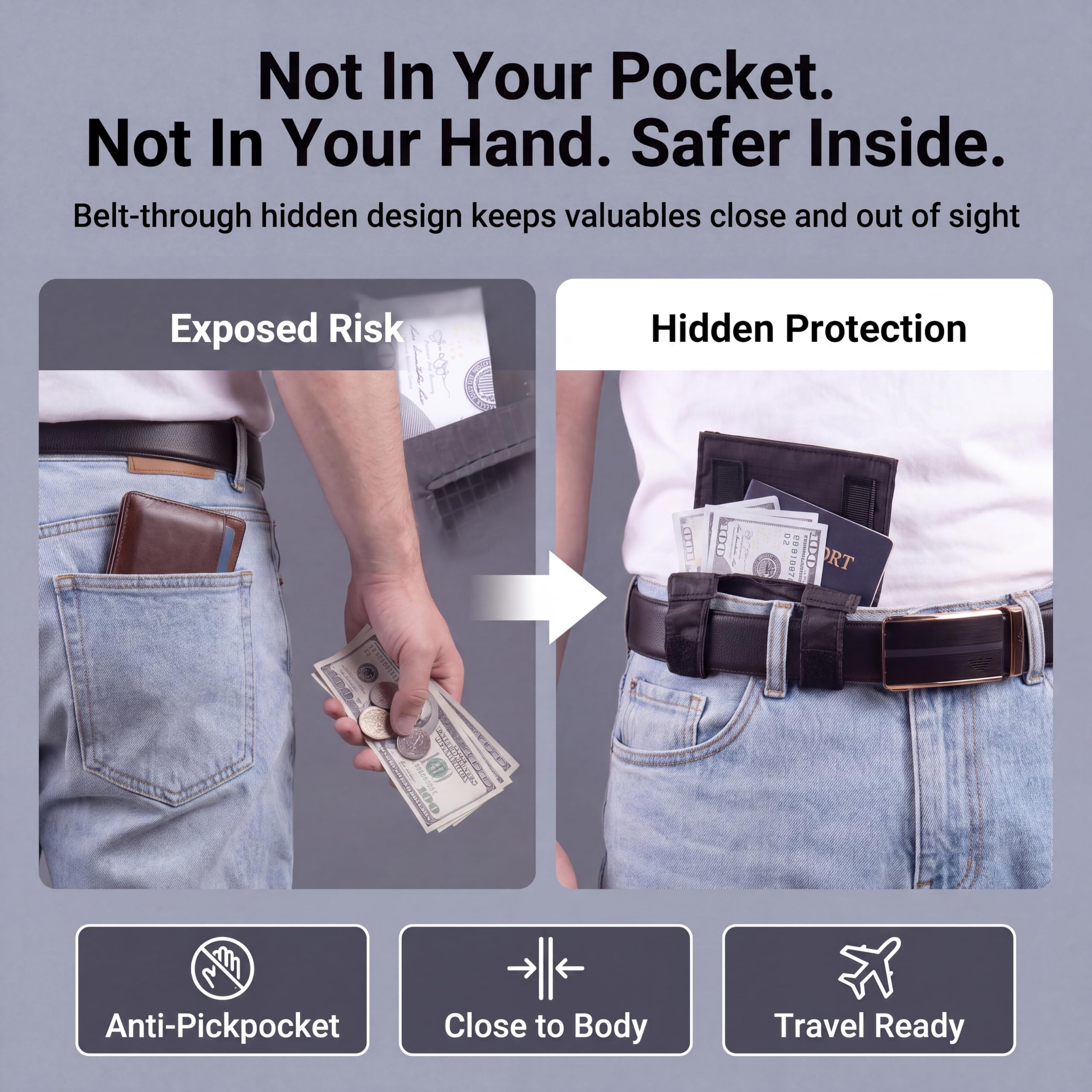 Comparison of an exposed back-pocket wallet and loose cash with a belt-attached hidden money pouch