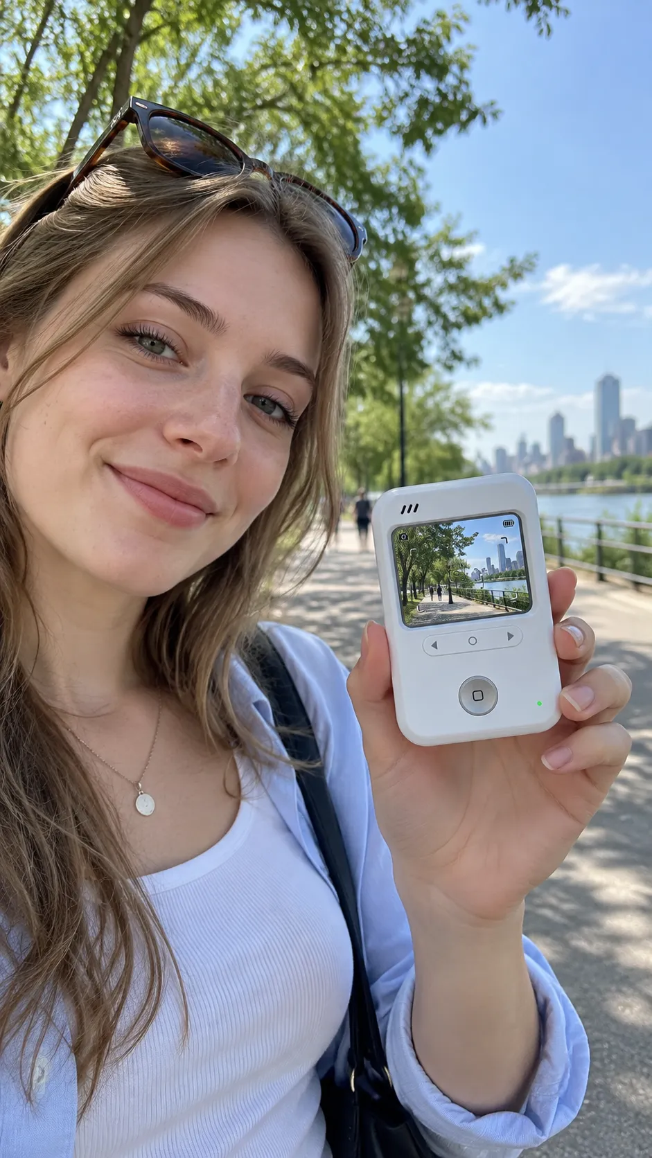 Creator holding Transparent Viewfinder Pocket Camera on a sunny city park walk