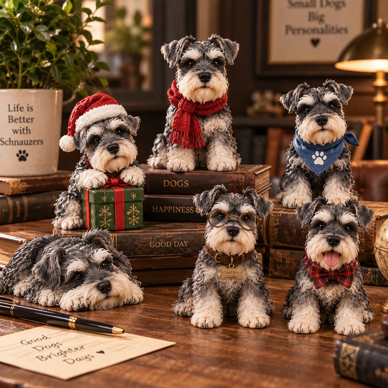 Miniature Schnauzer collectible figures displayed on a desk