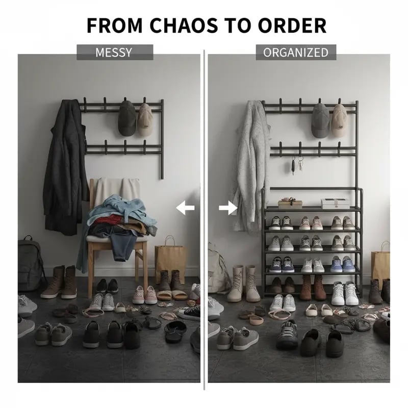 Before and after entryway organization using a coat and shoe storage rack