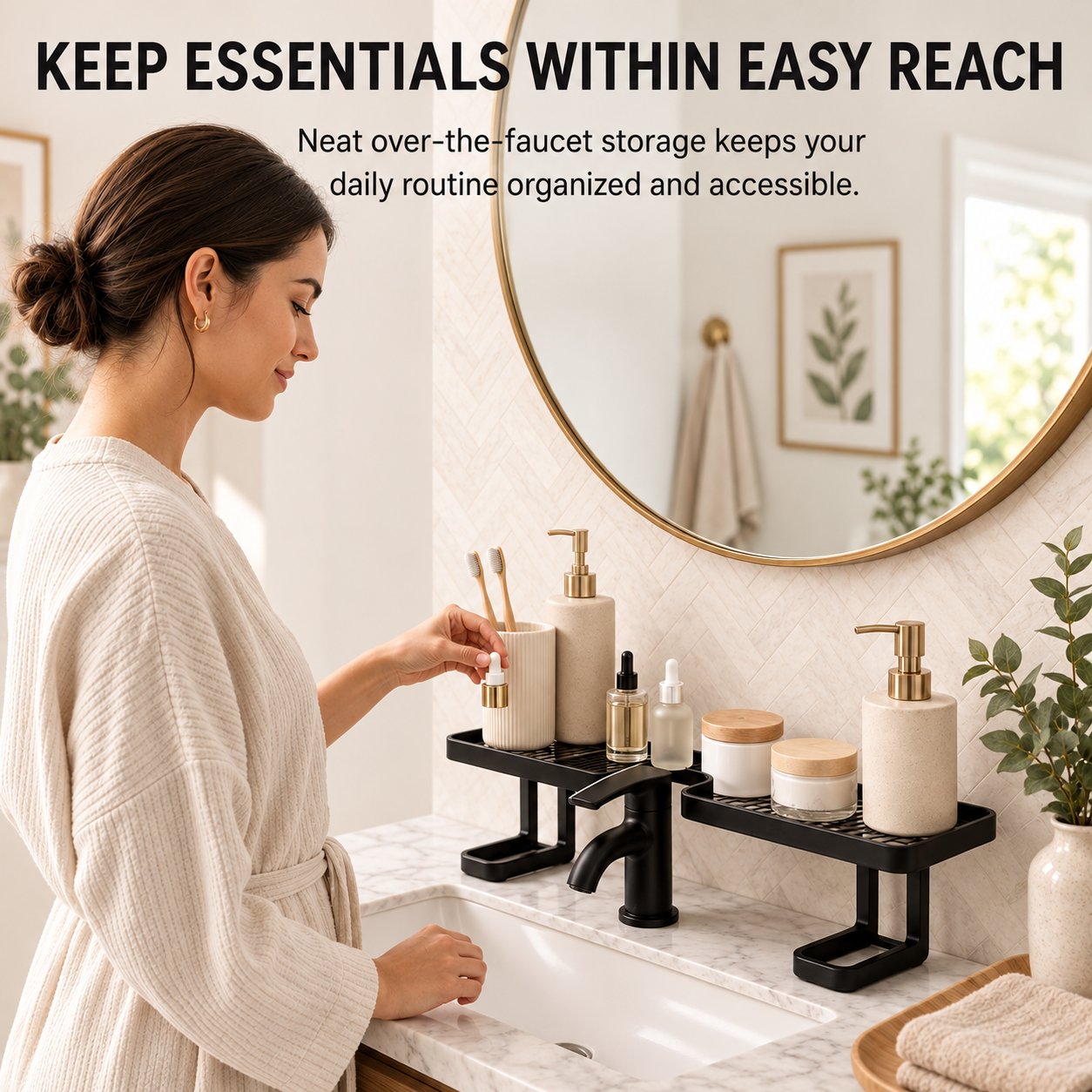 Over-the-faucet sink organizer keeping bathroom skincare and daily essentials within easy reach
