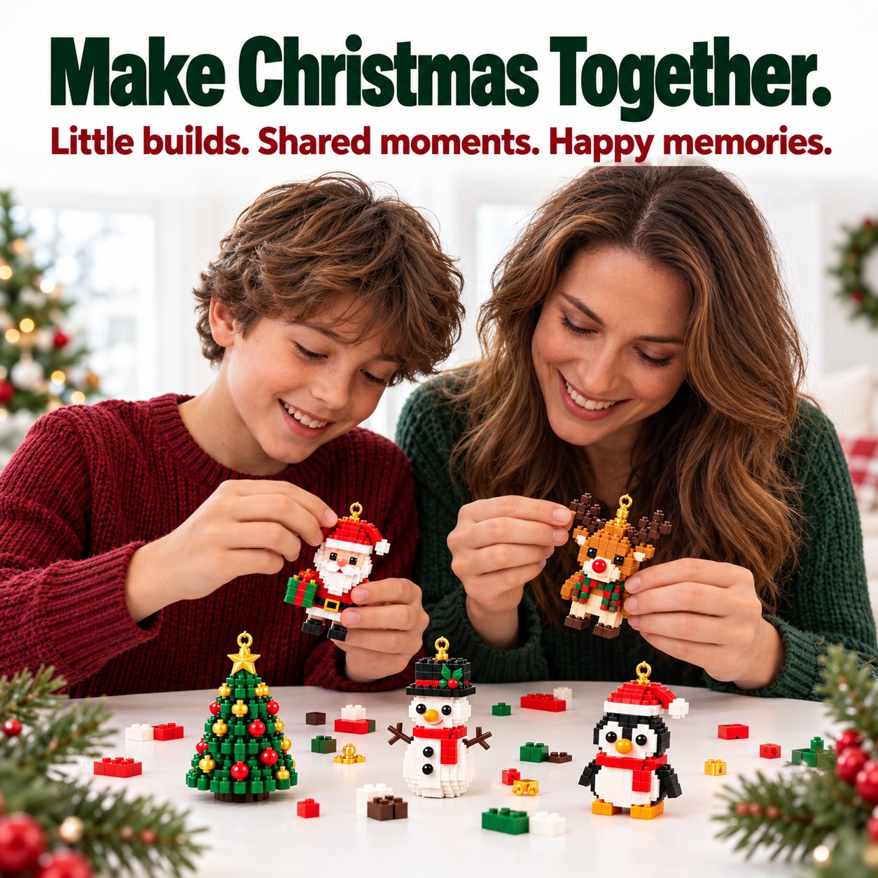 An adult and older child enjoying Christmas brick building together