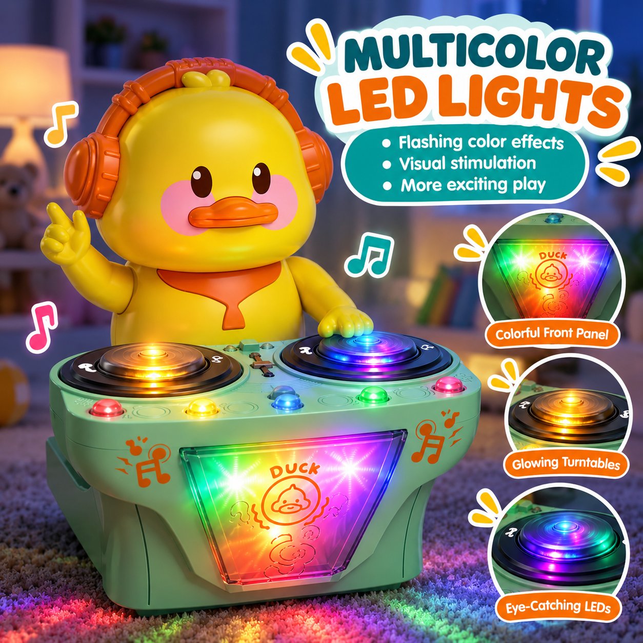 DJ duck toy displaying multicolor LED lights across its front panel and illuminated turntables