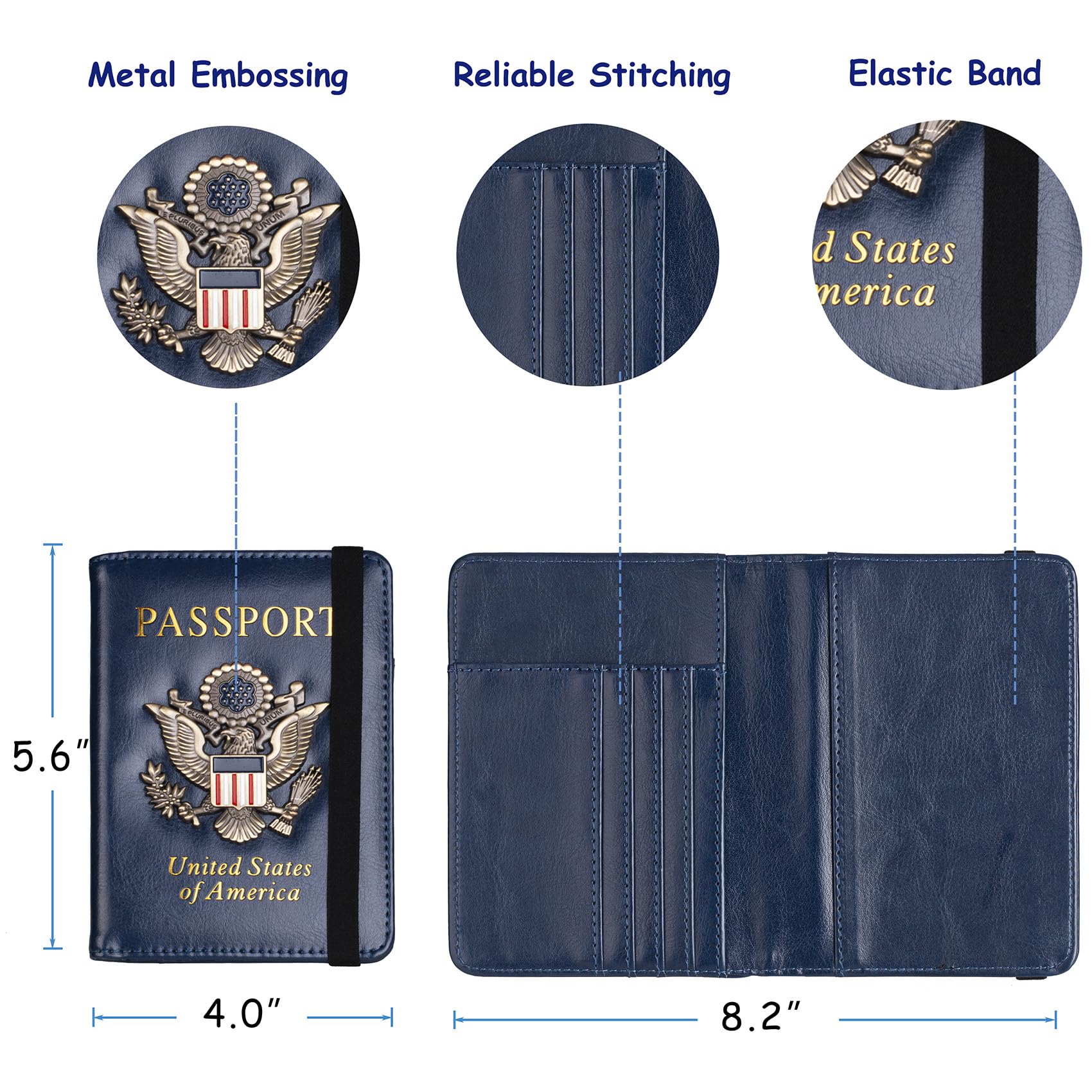 Passport wallet details showing the metal eagle badge, stitching, elastic band and 5.6 by 4.0 inch closed dimensions