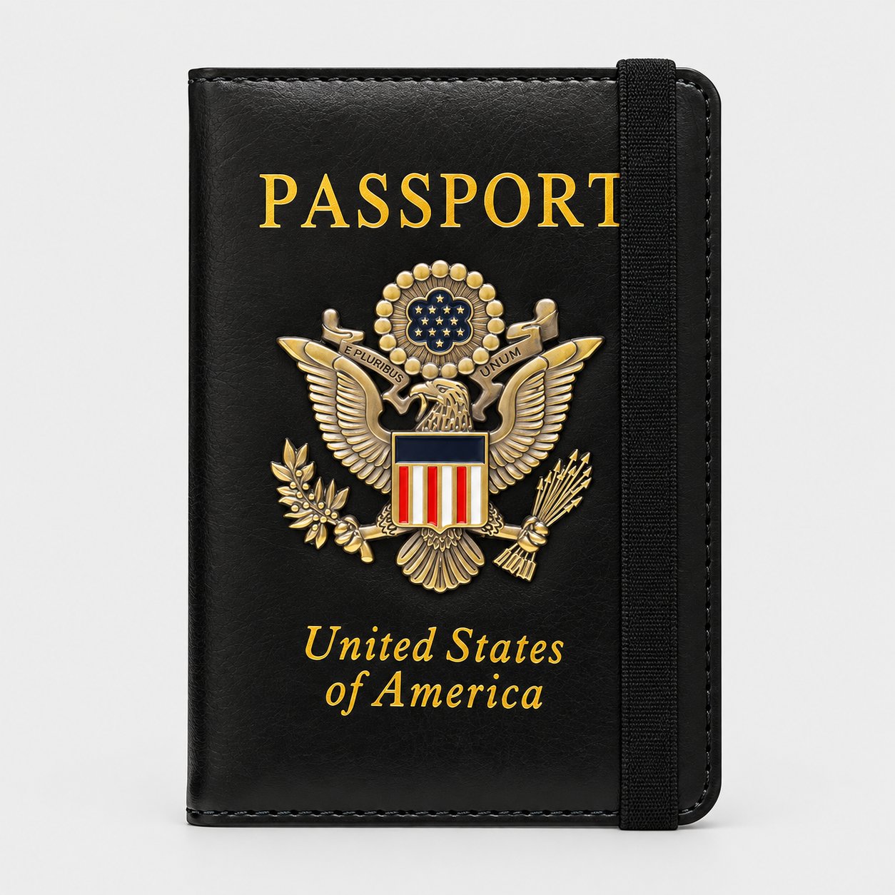 Black passport holder with a gold-tone 3D metal eagle badge and elastic closure