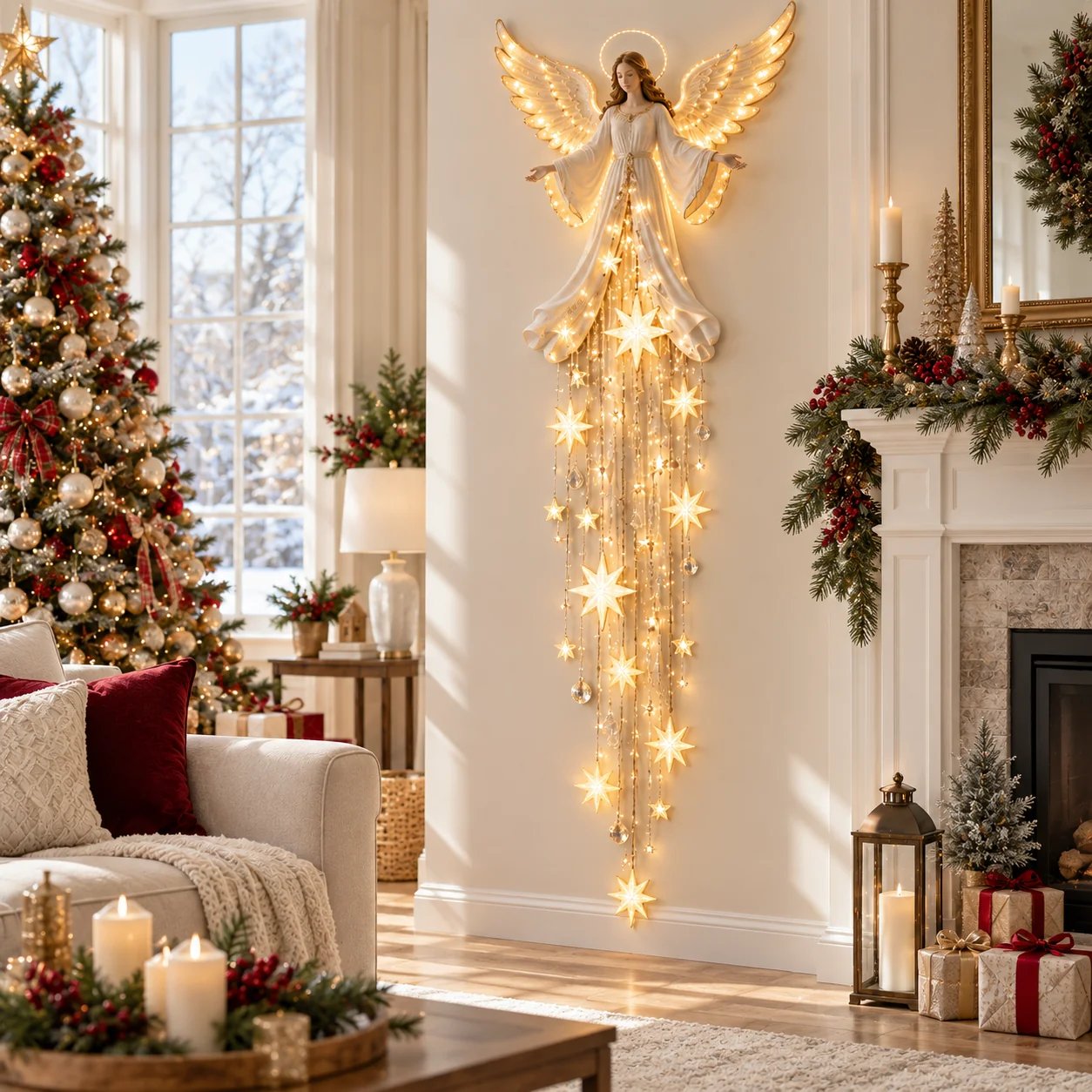 Angel starfall wall decoration pictured in a living room with a Christmas tree and seasonal mantel display