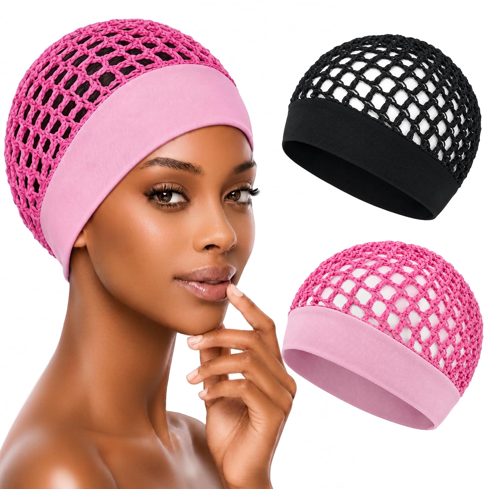 Black and pink two-pack of breathable crochet hair nets with a model wearing the pink cap