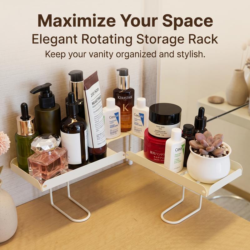 Rotating sink organizer shelf holding skincare cosmetics and bathroom supplies