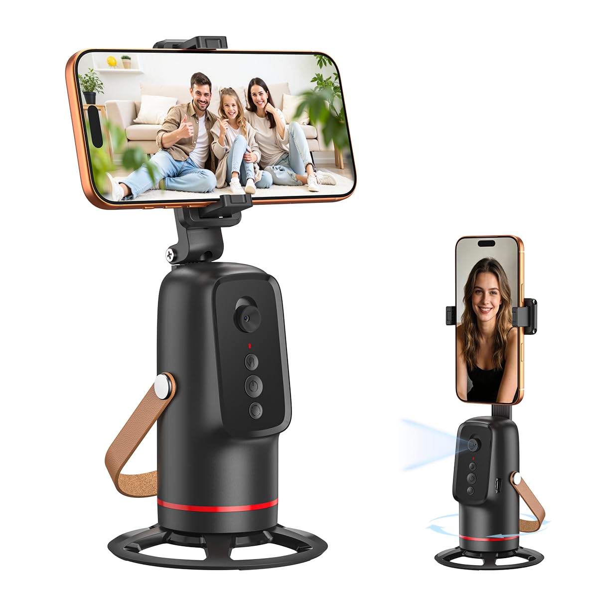 Compact 360-degree auto face tracking phone stand shown in portrait and landscape positions