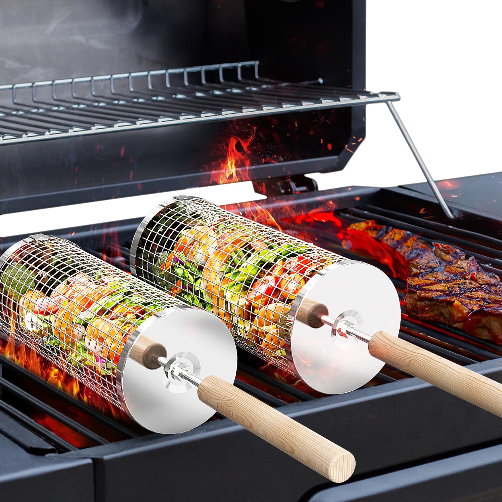 Rolling Grill Basket in use on BBQ