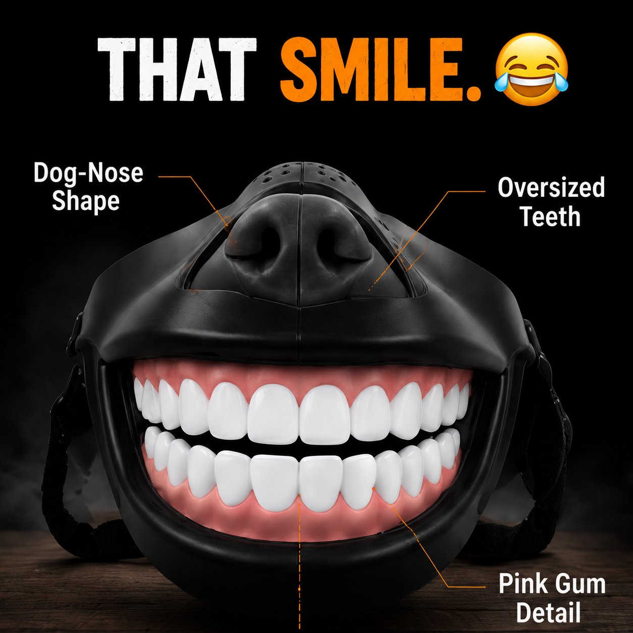 Giant grin dog mask teeth gums and nose details