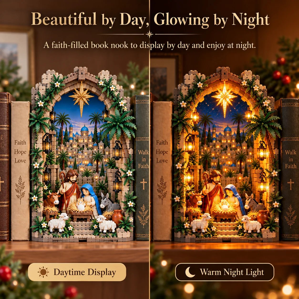 Bethlehem Nativity Book Nook shown during the day and illuminated at night