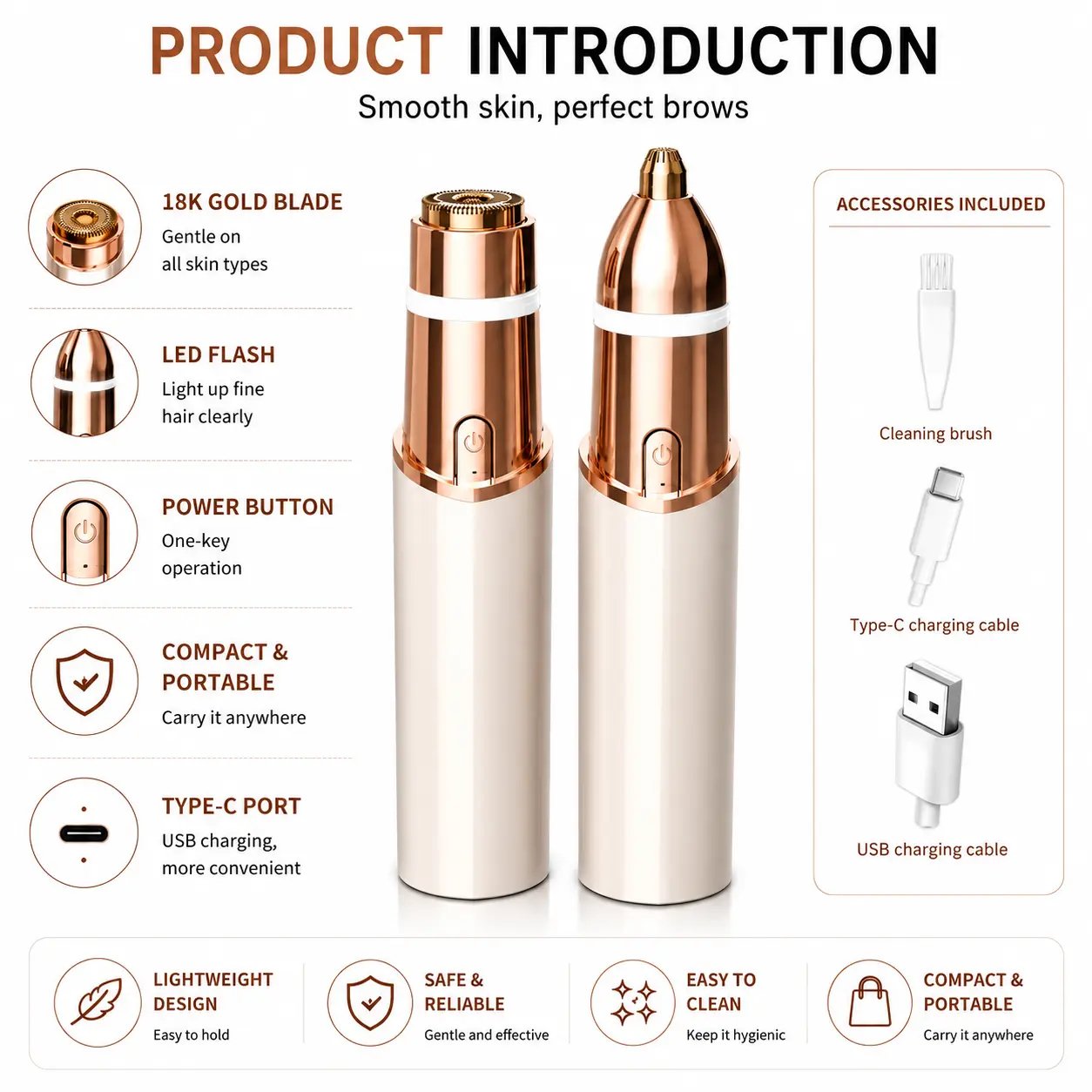 Dual-head facial and eyebrow trimmer showing 18K gold blade, LED light, power button, Type-C port and included accessories