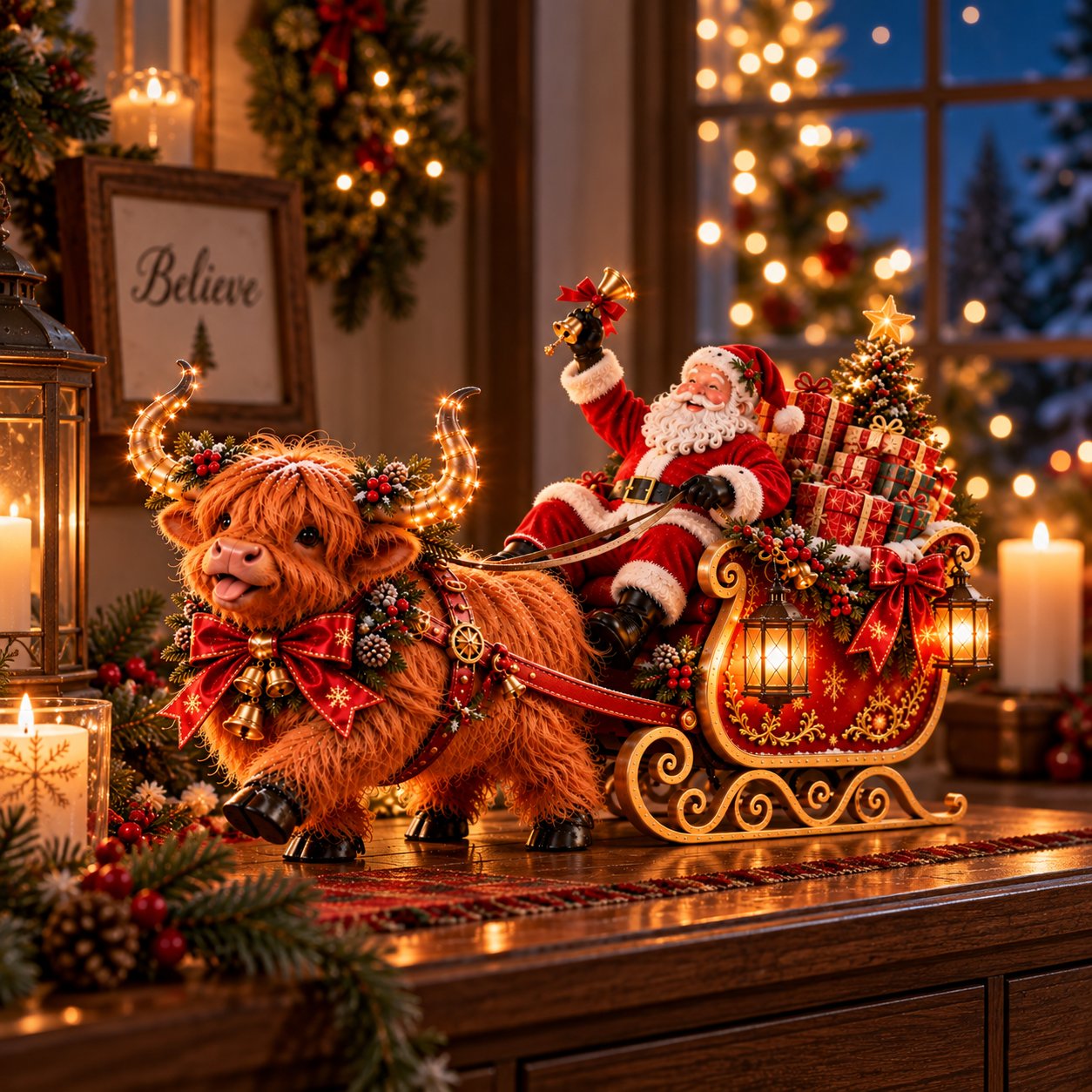 Santa Highland Cow Christmas Sleigh keepsake scene