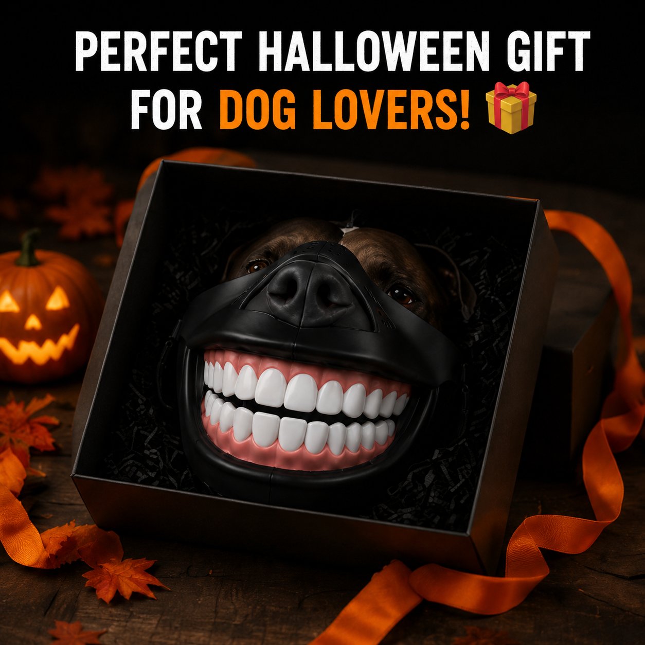 Dog wearing funny Halloween giant grin mask