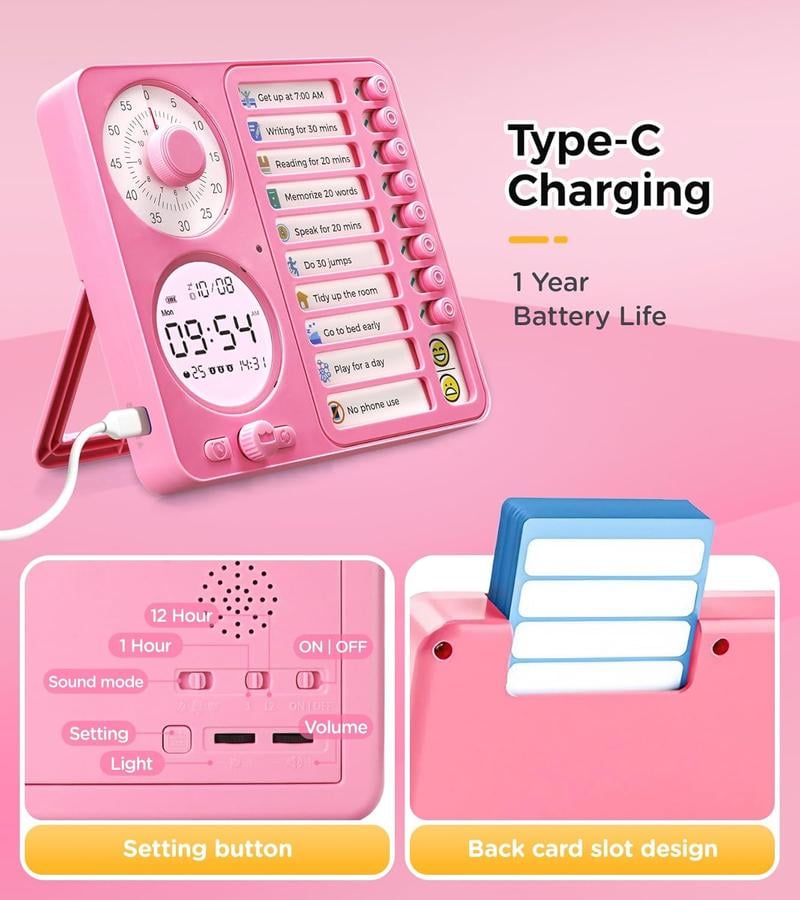 3-in-1 Visual Timer Task Timer with Chore Chart Board, ADHD Tool for Kids Adults Visual Schedule for Kids with Autism, Daily Checklist for Home, School, Classroom, Desk, Chore Chart