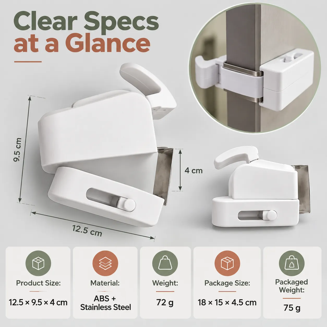 White door safety latch with metal bracket and sliding component