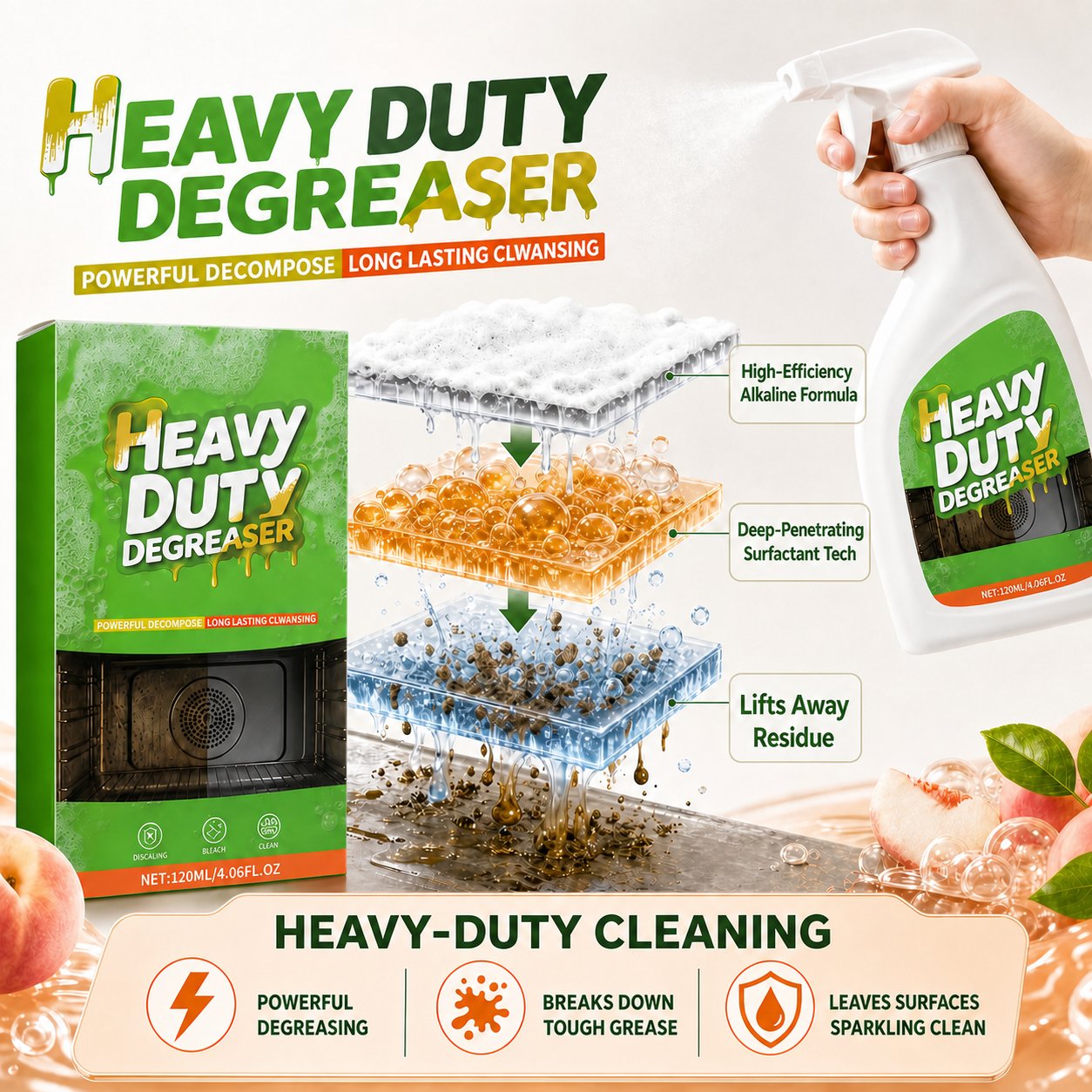 Heavy duty degreaser cleaning layers of grease and kitchen residue