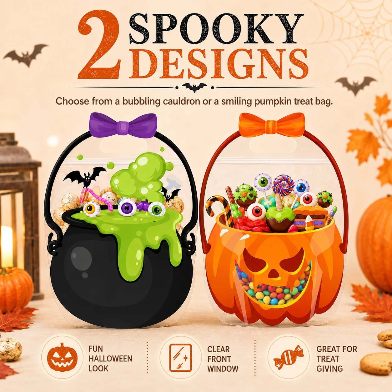 Witch cauldron and pumpkin Halloween treat bag designs